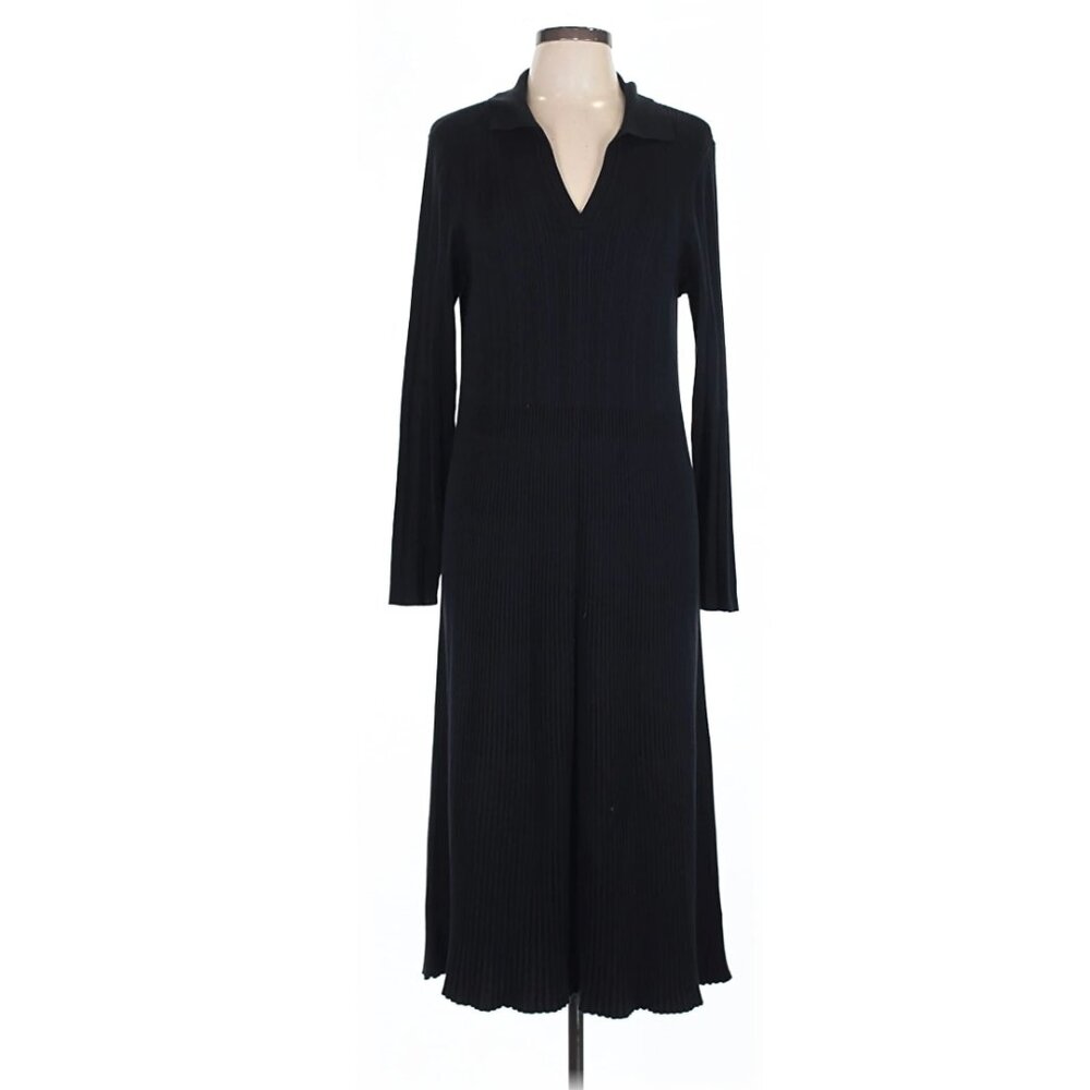 Lands' End Black Cotton Ribbed Long Sleeved Dress 14-16